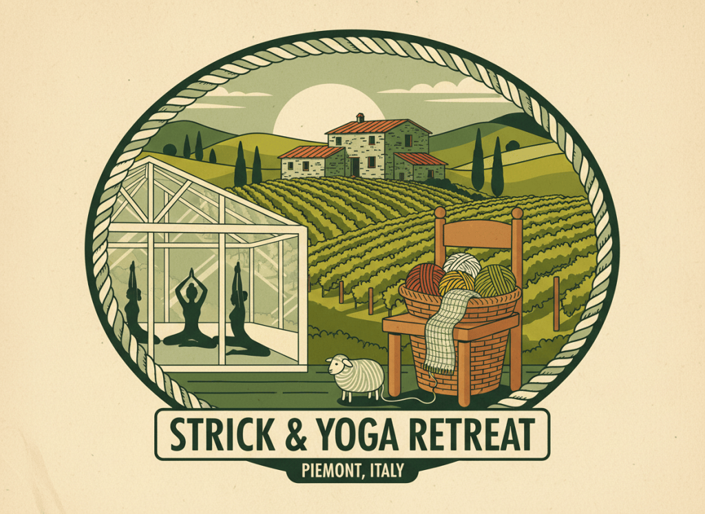 Vintage travel poster illustration in the exact same style as a Swiss alpine retreat poster. Bold graphic outlines, flat colours dominated by deep sage green, olive green, and warm cream tones. A rustic Italian stone farmhouse / agriturismo prominently featured in the centre background, surrounded by rolling Piedmont vineyard hills with rows of grapevines and cypress trees. In the foreground: a wicker basket full of colourful yarn balls, a knitted scarf draped over a wooden chair, and a small illustrated figurine. On the left side, a glass pavilion or open terrace where yoga silhouettes are visible. A decorative rope/yarn border frames the entire scene in an oval shape. Bold text banner at the bottom reads "STRICK & YOGA RETREAT" with "PIEMONT, ITALY" below it. Overall colour palette: deep forest green, sage green, warm olive, cream, with pops of terracotta and golden yellow. Same graphic poster art style, same composition layout as the Tschiertschen poster.