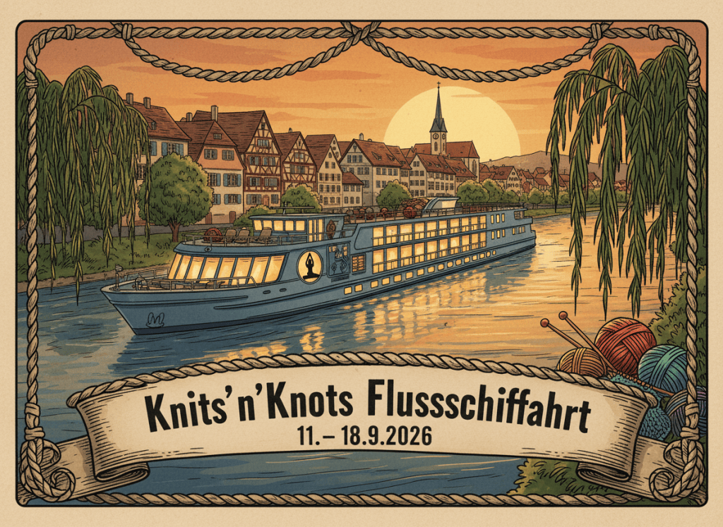 A detailed illustrated scene in the exact same style as a vintage Swiss retreat poster. A classic European river cruise ship gliding along a wide river at golden hour, warm glowing lights from the ship's windows, weeping willows and charming European town with church steeple on the riverbank. Small illustrated details: yarn balls and knitting needles on the ship's deck, a yoga silhouette in a porthole window. Across the lower half of the image, a thick decorative rope banner with bold text reading "Knits'n'Knots Flussschiffahrt" on the top line and "11.–18.9.2026" below it. A decorative rope arch frames the top of the scene. Illustrated style, warm evening light, rich colors, same hand-drawn illustrated poster feel as a vintage Swiss mountain hotel retreat poster.