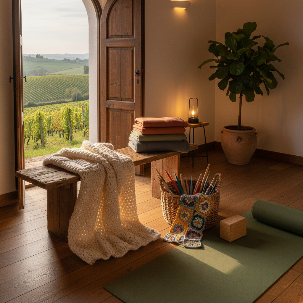 An inviting corner of a rustic yoga retreat room, featuring a low wooden bench covered in a chunky, hand-knit cream throw and a neatly stacked pile of folded yoga blankets in muted earth tones. On the floor, a cork yoga block leans against an unrolled moss-green mat, flanked by an open wicker basket filled with colorful crochet hooks and partially completed granny-square pieces. Through a nearby open door, lush Piedmont countryside with rolling vineyards is visible under a hazy late-afternoon sun. Warm, golden indoor lighting mingles with the natural outdoor glow, casting gentle shadows. Photographic realism, composed with asymmetrical balance from a slightly elevated angle, creating a cozy, homely, and creatively relaxed mood.