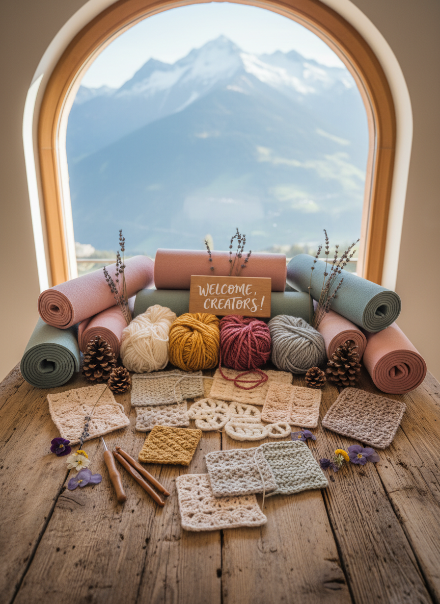 A playful, overhead photographic view of a retreat welcome table set on rustic wooden planks, showcasing a neatly arranged assortment of yoga and fiber-art essentials. Rolled yoga mats in muted pastels form a semi-circle around open skeins of hand-spun yarn, crochet hooks, and small sample swatches of intricate lace and textured stitches. Scattered pinecones, dried lavender sprigs, and pressed alpine flowers add a whimsical, nature-inspired touch. In the distance, just past the edge of the table, a blurred suggestion of Swiss mountain peaks appears through a large window. Soft, diffused afternoon light illuminates the scene evenly, enhancing colors without harsh shadows. The composition is clean and organized yet playful, evoking the excitement of arriving at a cozy yoga, knitting, and crochet retreat.
