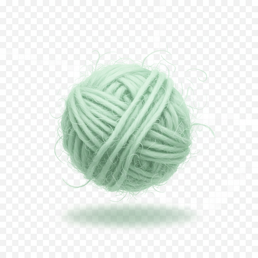 A single fluffy wool yarn ball in soft light green color, simple and clean on a transparent background, cute and playful style