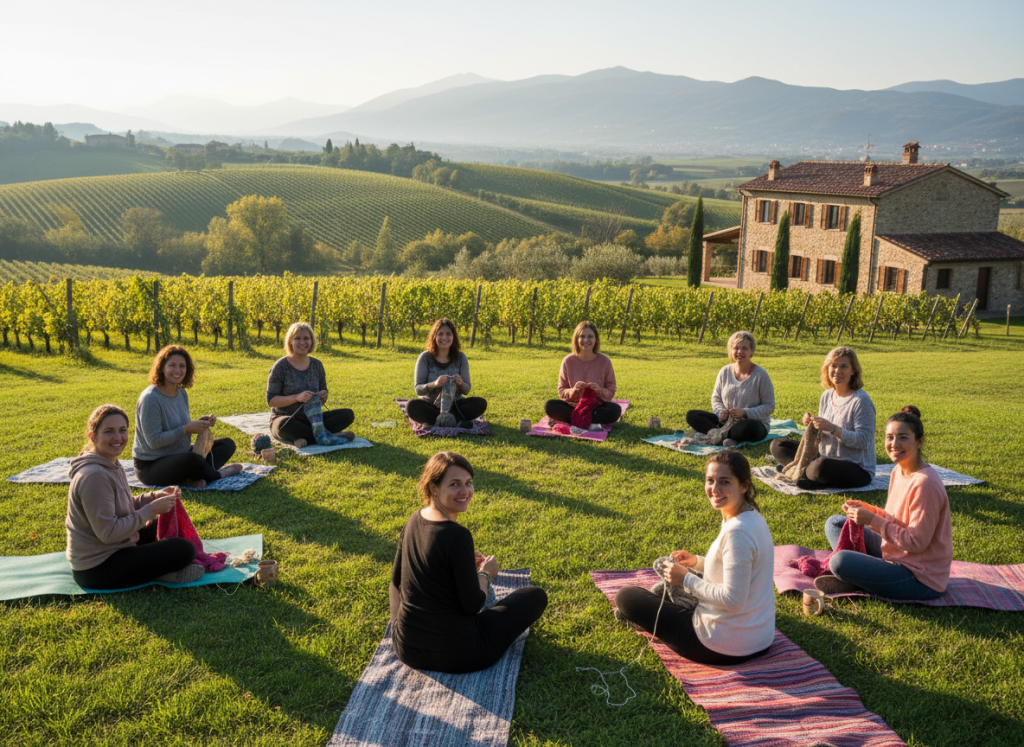 A serene yoga and knitting retreat in the Piedmont countryside, Italy. Rolling green hills with vineyards, warm golden light, a group of women sitting outdoors on yoga mats with knitting in their laps, rustic Italian farmhouse in the background, soft afternoon sun, peaceful and cozy atmosphere.