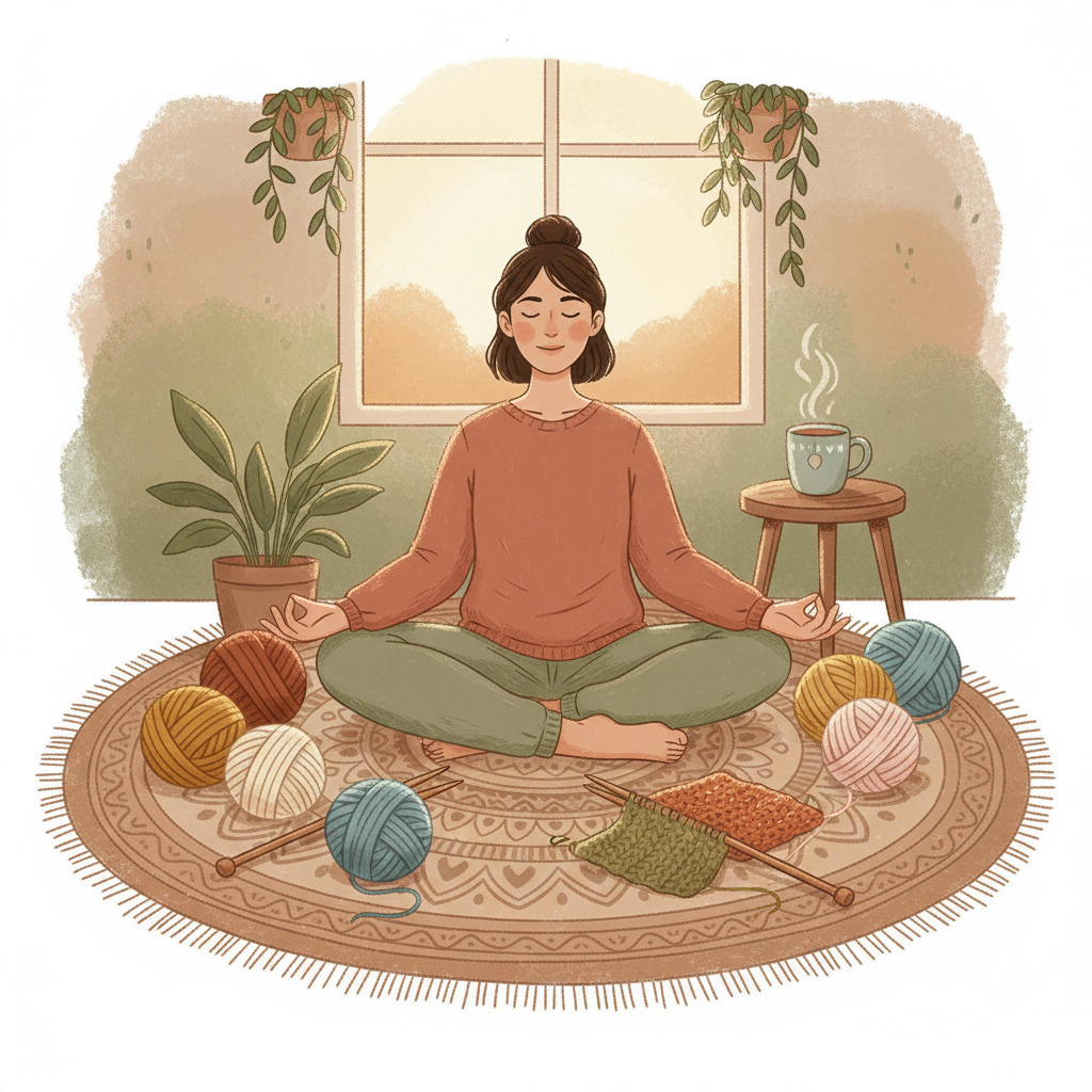 A cozy square illustration combining knitting and yoga: a person in a peaceful yoga pose surrounded by colorful yarn balls and knitting needles, warm and inviting atmosphere, soft earthy tones